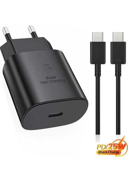 25 Watt Samsung Xiaomi Oppo Poco Android Uyumlu Usb-C To Usb-C Kablolu Siyah Hızlı Şarj Seti 25W Leastra