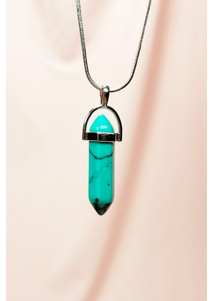 Turkuaz Doğal Taşı Zincirli El Yapımı Tasarımlı Kolye Uç: 3,5 cm Zincir: 20 cm Kutulu