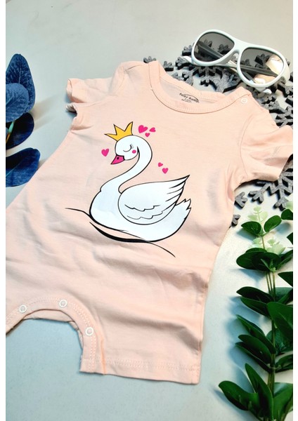 Çocuk Yazlık Kısa Kol Şort Tek Parça Çıtçıtlı Tulum Zıbın Pamuk Pembe Kuğu