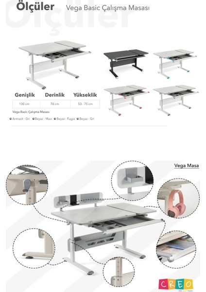 Yükseklik ve Eğim Ayarlı, Çekmeceli, Vega Basic Çalışma Masası 130 x 70 cm Ekru