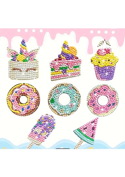 8 Parça 5d Elmas Boyama Sticker Seti - Karikatür Donut - Dondurma Teması