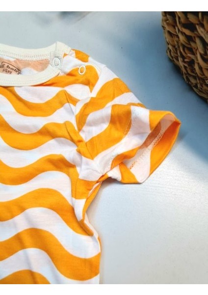 Çocuk Yazlık Kısa Kol Şort Tek Parça Çıtçıtlı Tulum Zıbın Pamuk Turuncu Dalga