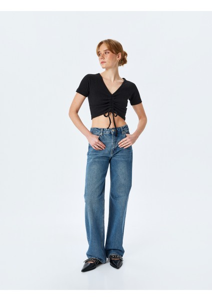 Büzgülü Slim Fit V Yaka Kısa Kollu Crop Tişört fiyatları