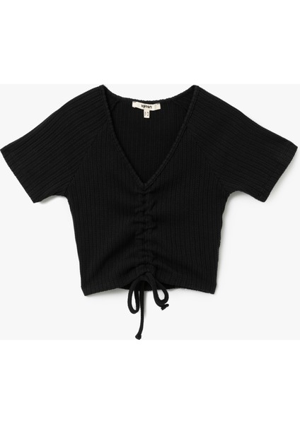 Büzgülü Slim Fit V Yaka Kısa Kollu Crop Tişört modelleri