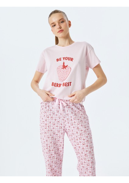 Çilek Baskılı Kısa Kollu Pamuklu Pijama Takımı