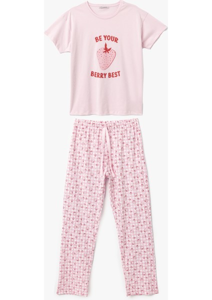Çilek Baskılı Kısa Kollu Pamuklu Pijama Takımı