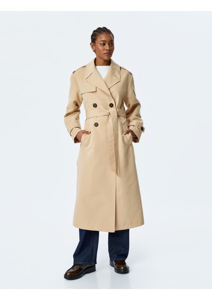 Gabardin Kumaş Uzun Kollu Cepli Kruvaze Kemerli Uzun Trençkot modelleri