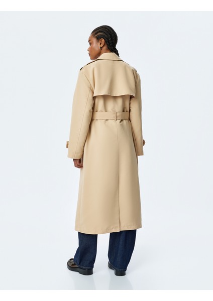 Gabardin Kumaş Uzun Kollu Cepli Kruvaze Kemerli Uzun Trençkot fırsatları