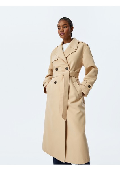 Gabardin Kumaş Uzun Kollu Cepli Kruvaze Kemerli Uzun Trençkot indirimleri