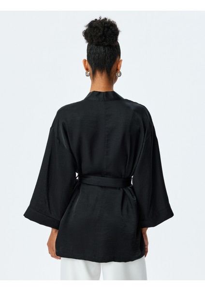 Viskon Bol Kalıp Uzun Geniş Kollu Kemerli Şal Yaka Kimono