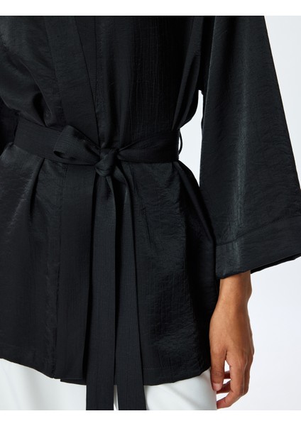 Viskon Bol Kalıp Uzun Geniş Kollu Kemerli Şal Yaka Kimono