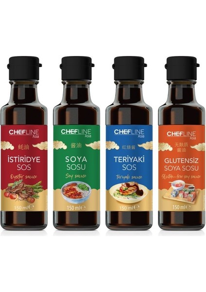 Glutensiz Soya 150 ml + İstiridye Sos 150 ml + Soya Sosu 150 ml + Teriyaki Sos 150 ml 4'lü