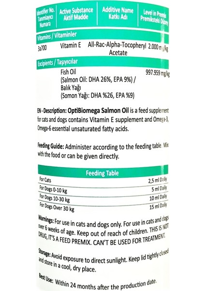 Optibiomega Salmon Oil Omega 3 ve Omega 6 Kedi Balık Yağı 250ML