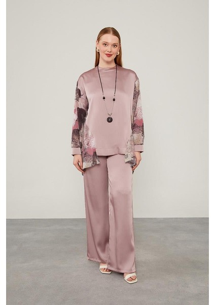 - Desenli Şifon Pantolonlu Ikili Takım