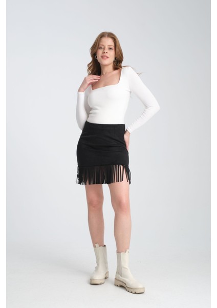 Scuba Suet Kısa Püsküllü Siyah Etek fiyatları