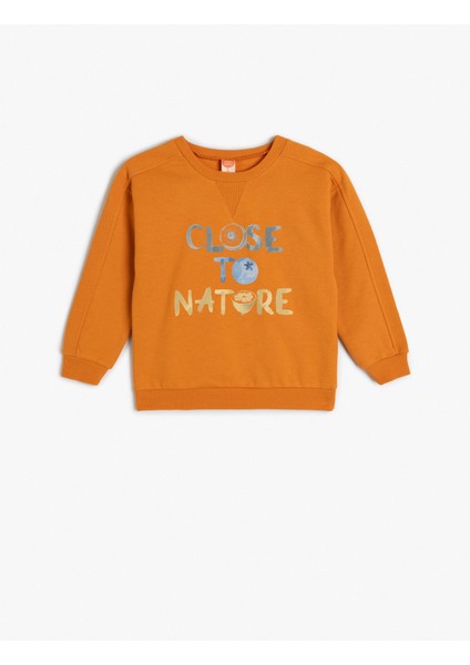 Pamuklu Slogan Baskılı Uzun Kollu Bisiklet Yaka Sweatshirt