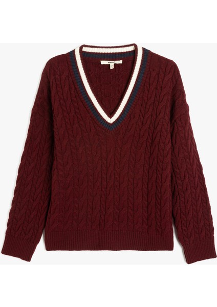 Uzun Kollu Saç Örgü Kadın Oversize V Yaka Kazak