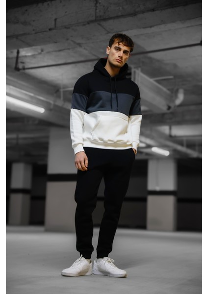 Oversize Siyah Renk Füme Şeritli Kapüşonlu Eşofman Takımı modelleri