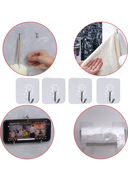 Nano Yeni Nesil Yapışkanlı Banyo Lavabo Mutfak Askısı Şeffaf Plastik Asma Iz Bırakmaz 4 Adetli Set