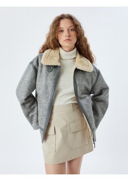 Oversize Suni Deri Ceket Klasik Peluş Yaka Fermuarlı Cep Detaylı fiyatları