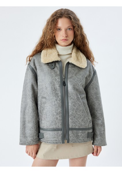 Oversize Suni Deri Ceket Klasik Peluş Yaka Fermuarlı Cep Detaylı modelleri