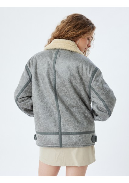 Oversize Suni Deri Ceket Klasik Peluş Yaka Fermuarlı Cep Detaylı fırsatları