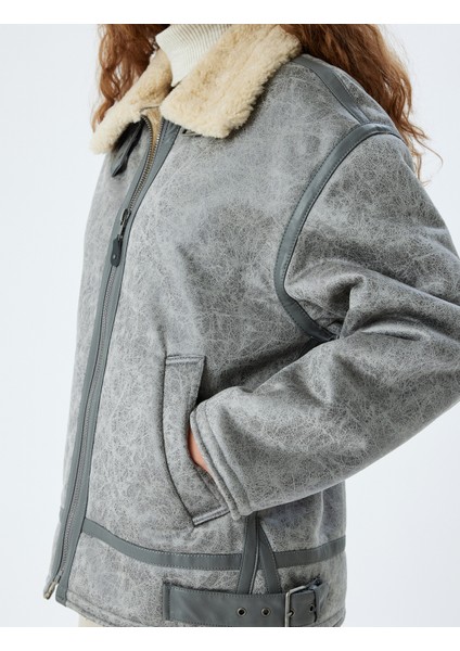 Oversize Suni Deri Ceket Klasik Peluş Yaka Fermuarlı Cep Detaylı indirimleri