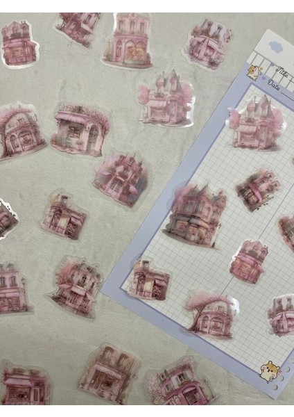 Romantic Flower House Ev Temalı Pembe 40 Adet Pet Sticker Set/ Çıkartma/etiket/bullet Journal modelleri