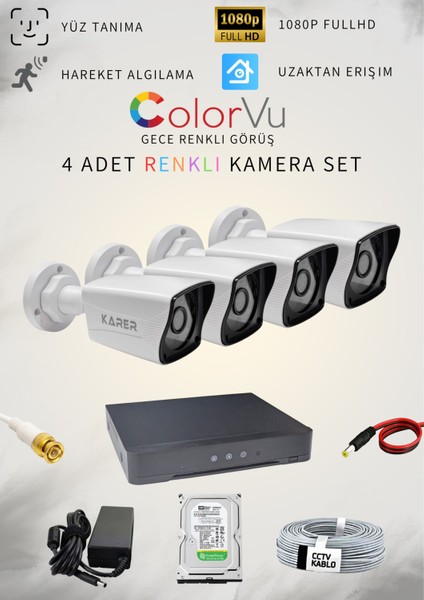 1 Tb Hdd 4'Lü Her Şey Dahil Tak Çalıştır Hazır Set - 5mp Lensli, Gece Renkli Görüş