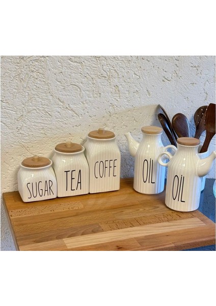 5 Parça Takım 2’li Porselen 1000ML Oil Yağdanlık 3’lü Kavanoz Tea Sugar Coffe Set Çay Şeker Kahve