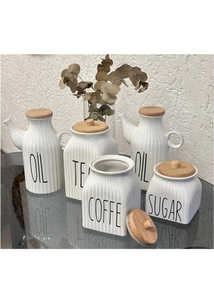 5 Parça Takım 2’li Porselen 1000ML Oil Yağdanlık 3’lü Kavanoz Tea Sugar Coffe Set Çay Şeker Kahve fiyatları