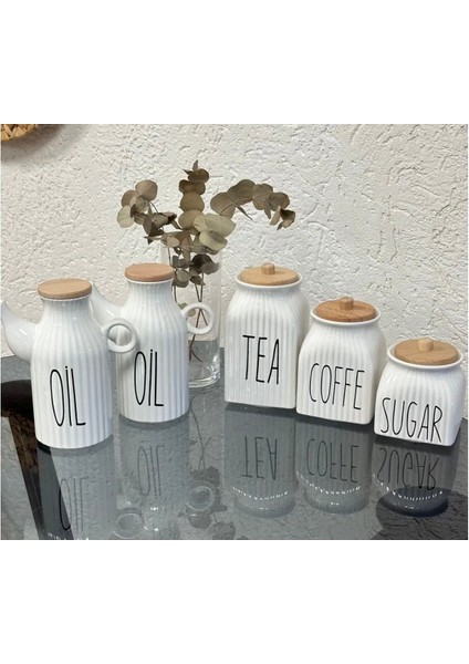 5 Parça Takım 2’li Porselen 1000ML Oil Yağdanlık 3’lü Kavanoz Tea Sugar Coffe Set Çay Şeker Kahve modelleri