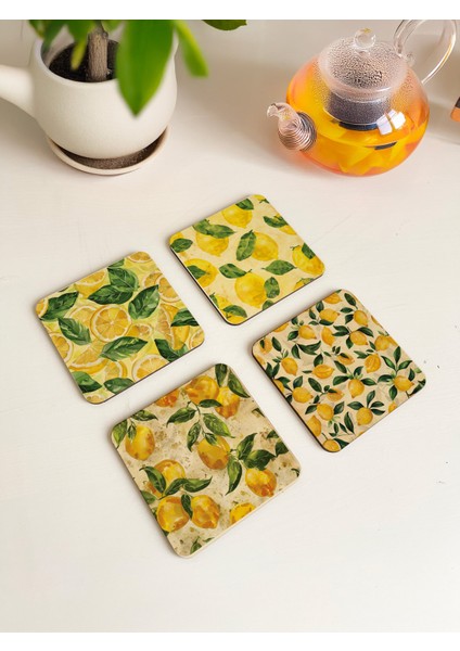 Limon Desenli Ahşap Bardak Altlıkları 4'lü Set