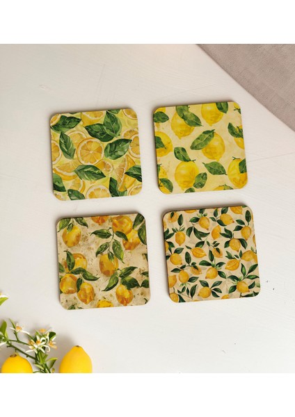 Limon Desenli Ahşap Bardak Altlıkları 4'lü Set fiyatları