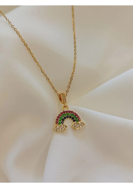 Kadın Gold Renk Renkli Zirkon Taşlı Rainbow 316 L Çelik Kolye