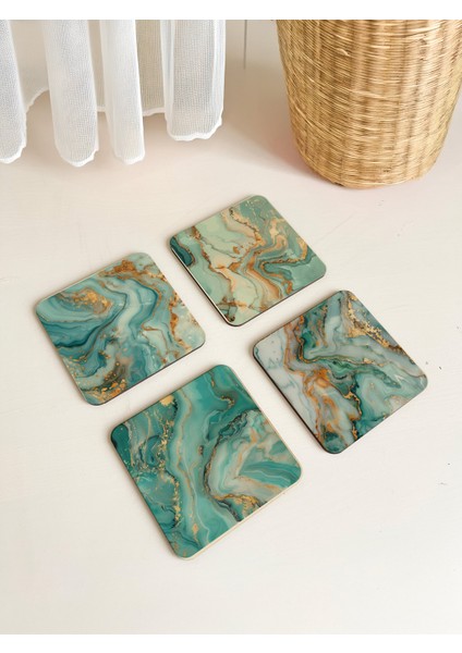 Turkuaz Mermer Desenli Lüks Ahşap Bardak Altlıkları 4'lü Set