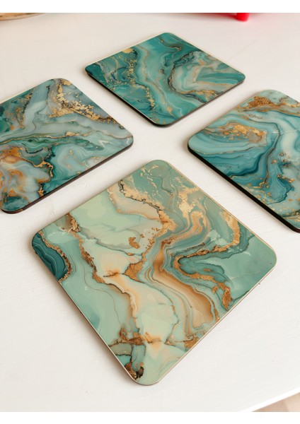 Turkuaz Mermer Desenli Lüks Ahşap Bardak Altlıkları 4'lü Set fiyatları