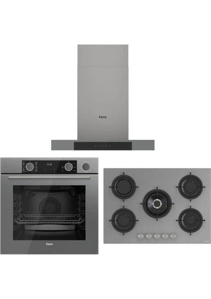 Fryart Steam Gri Set (D102 Gri Davlumbaz -RS038 Gri Ocak- XE64CPR Fryartsteam Gri Fırın)