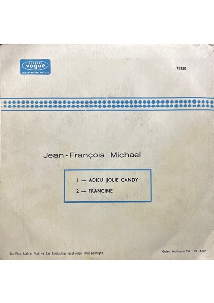 Jean François Michael Adieu Jolie Candy 45LIK Plak fiyatları