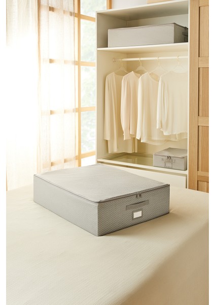 Ocean Home Te x tile Büyük Boy Gri Balıksırtı Destekli Kutu Hurç 55 x 70 x 18 cm