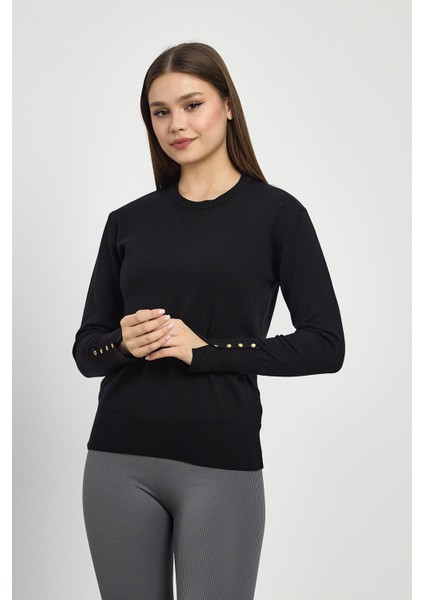 Siyah Bisiklet Yaka Kol Düğmeli Kadın Triko Kazak 2455