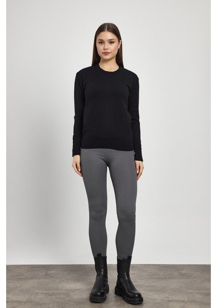 Siyah Bisiklet Yaka Kol Düğmeli Kadın Triko Kazak 2455 fiyatları
