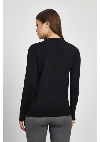 Siyah Bisiklet Yaka Kol Düğmeli Kadın Triko Kazak 2455 indirimleri