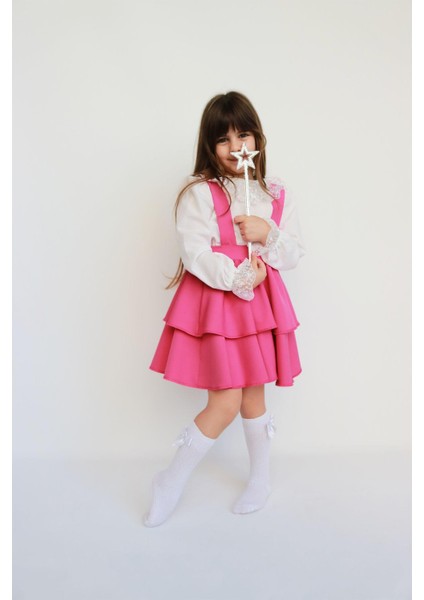 Kız Çocuk Helen Pembe Askılı Kat Kat Bağlama Jile Elbise Dantel Detay Ekru Uzun Kollu Bluz Takım indirimleri