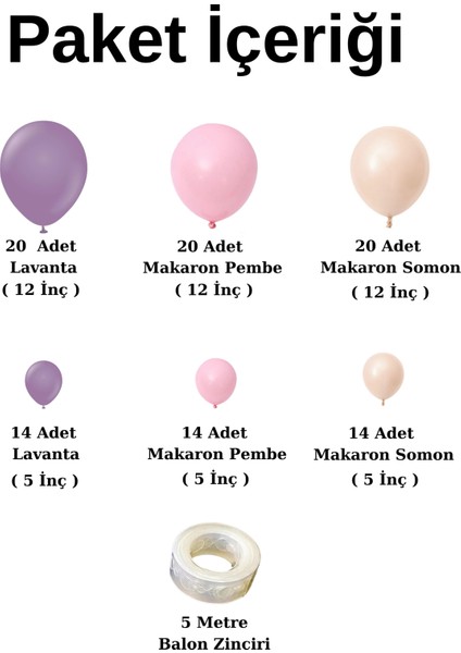 Doğum Günü Konsepti Lavanta Makaron Somon Makaron Pembe 100 Lü Balon Zinciri Parti Seti