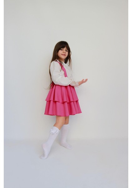 Kız Çocuk Helen Pembe Askılı Kat Kat Bağlama Jile Elbise Dantel Detay Ekru Uzun Kollu Bluz Takım indirimleri