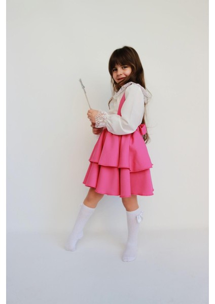 Kız Çocuk Helen Pembe Askılı Kat Kat Bağlama Jile Elbise Dantel Detay Ekru Uzun Kollu Bluz Takım