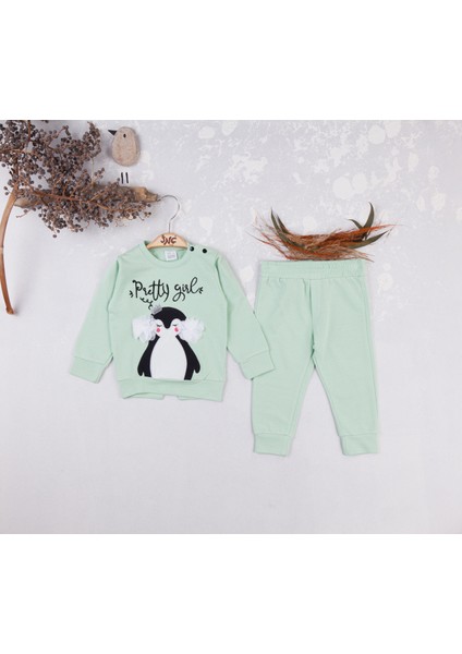 Kız Bebek Nakış Işlemeli Penguen Desenli Ikili Takım