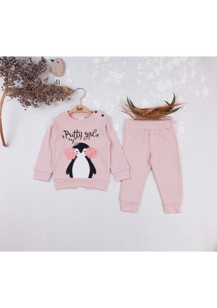 Kız Bebek Nakış Işlemeli Penguen Desenli Ikili Takım