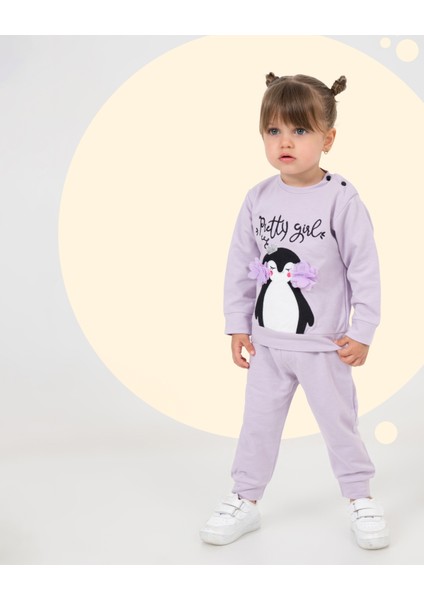 Kız Bebek Nakış Işlemeli Penguen Desenli Ikili Takım